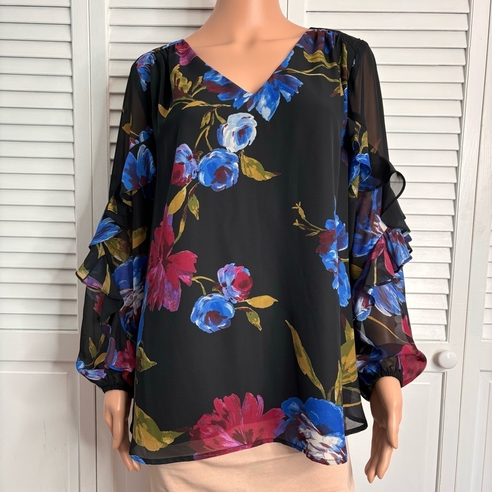 New KAREN KANE Saffron Sea Ruffle Sleeve Top Size 1X